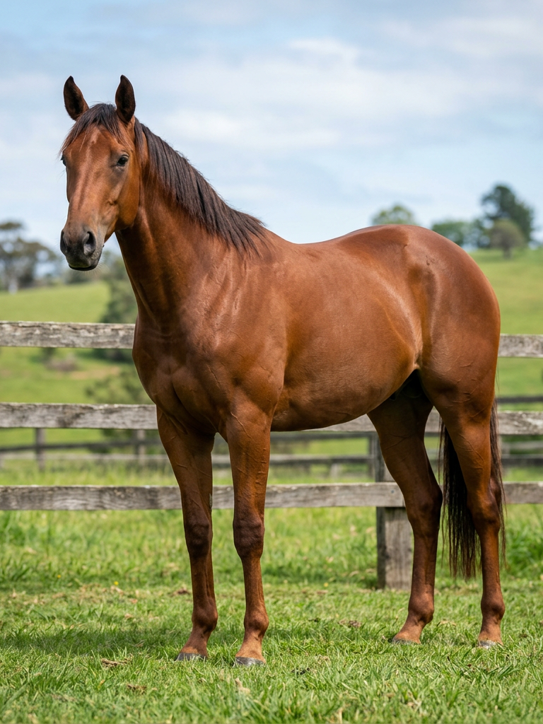 Chestnut horse standing in grassy pasture near wooden fence