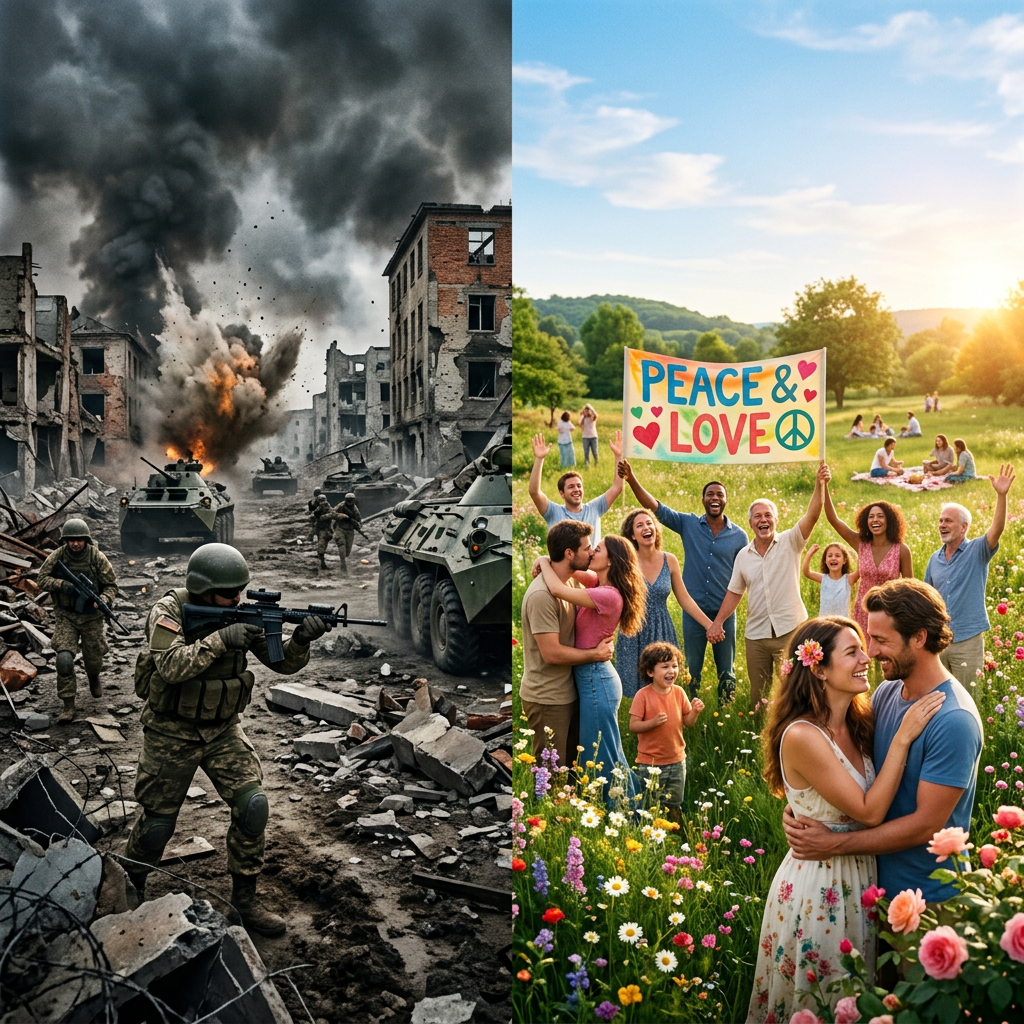 Left side shows soldiers and explosions in a war-torn city; right side shows smiling people holding a 'Peace & Love' banner in a sunlit flower field